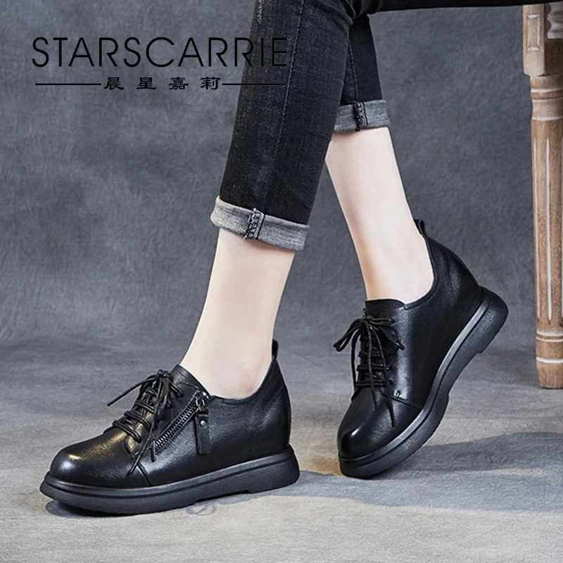 

Женские кожаные туфли на шнуровке, повседневные туфли в британском стиле с глубоким носком и высокой плоской подошвой, на низком каблуке, ве...