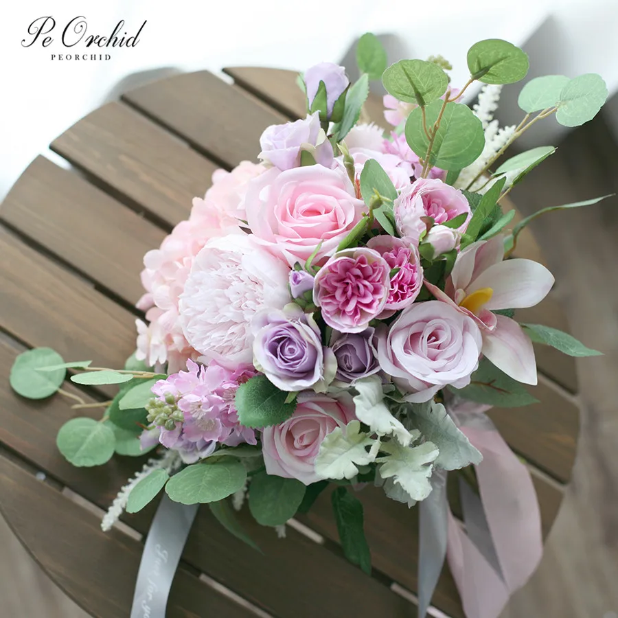 

PEORCHID Rose Bridal Silk Flower Bouquet Artificial Ramo Dama De Honor Wedding Bouquet Purple And Pink Hydrangea Bouquet