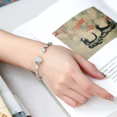 

Sterling Silver Bracelet Girl Sansheng Sanshi Bracelet White Jade Lotus Root Ancient Opening Minimalist Style Hand Jewelry Blype