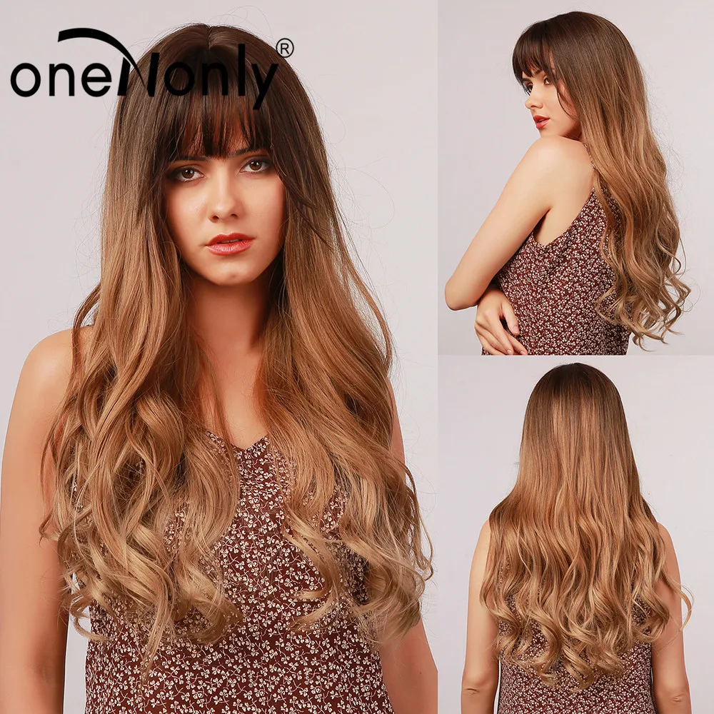 

Синтетические женские парики oneNonly, каштановые волнистые волосы с градиентом, термостойкие волосы с челкой для косплея, вечеринки
