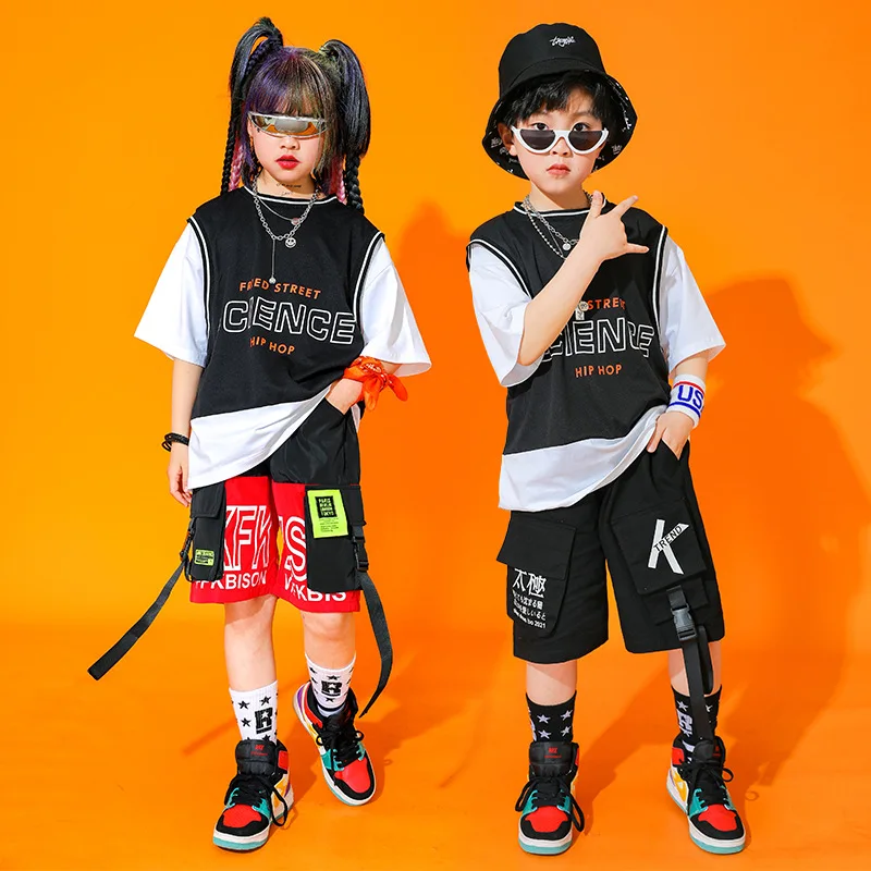 

Summer Breathable outfits Kids Girls Sportswear Loose T-shirt Short sleeve Elastic Shorts Black White Patchwork School Girls Set