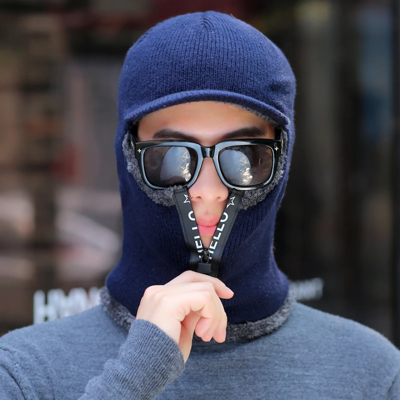 

New Balaclava Winter Women Men's Skullies Wool Knitted Balaclava Cap Ninja Mask Thermal Plush Pocket Hat Unisex Snow Cap