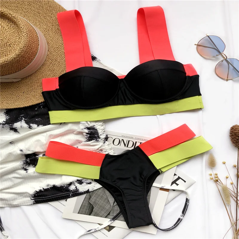 

Women's Swimsuits Sexy Swimwear Patchwork Bikini 2021 Woman Push up Biquini Neon Bikinis Swimsuit Bathing Suits 2021