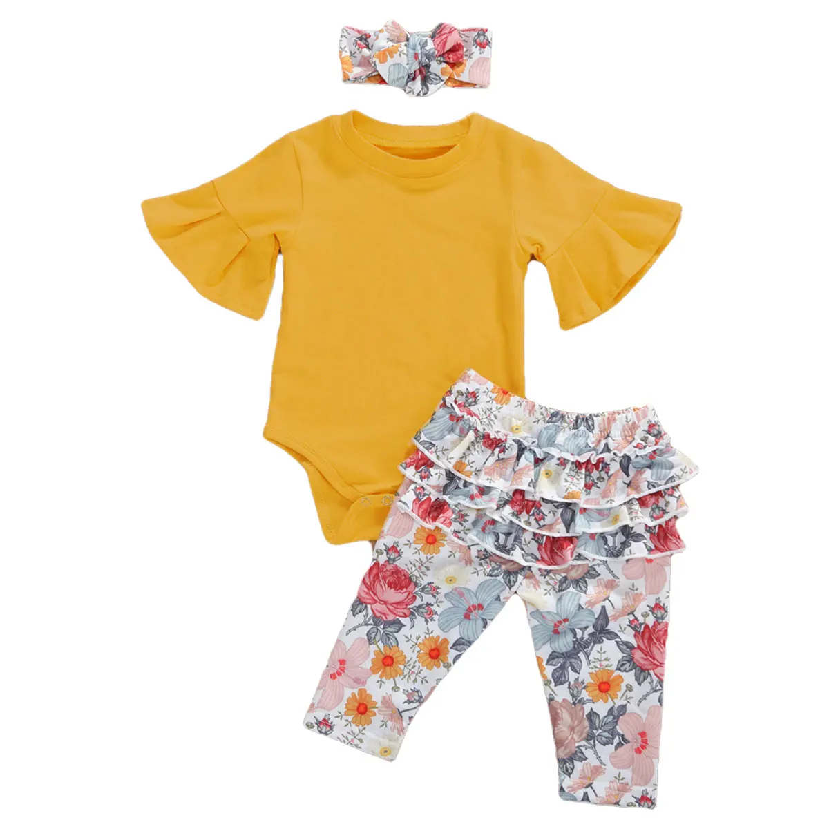 

Toddler Baby Girls Suit, Spring Autumn Solid Color Short Sleeve Romper Tops+Ruffled Floral Pants+Bow Headband