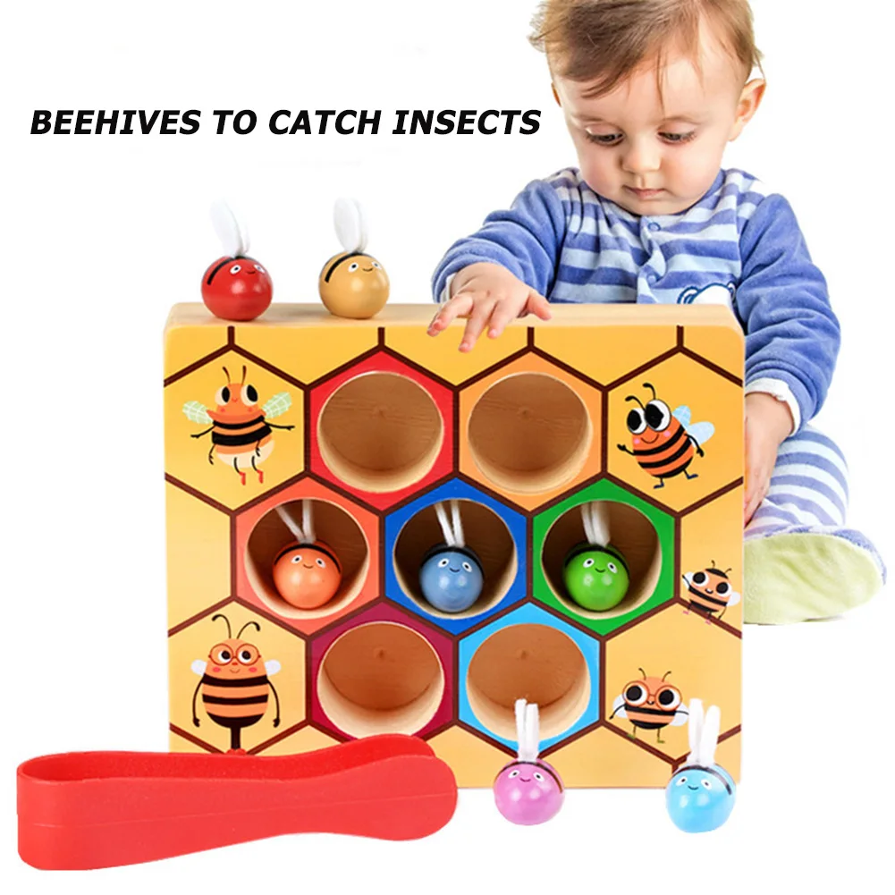 

Hot Wooden Leaning Educatinal Toys Children Montessori Early Education Beehive Game Childhood Color Cognitive Clip Small Bee Toy