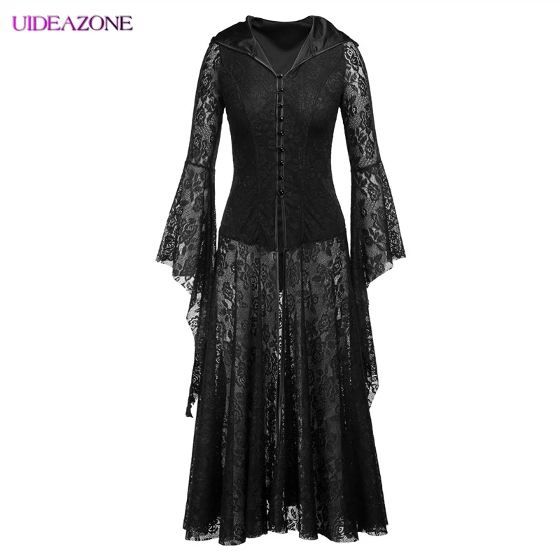 UIDEAZONE винтажное черное платье для женщин с расклешенными рукавами из кусков