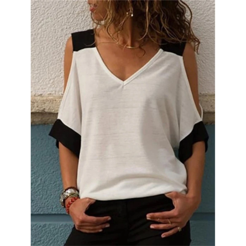 

Vintage T Shirt Women 2021 Summer Patchwork Solid V-neck 3/4 Sleeve Plus Size T-shirt Off Shoulder Tops Casual Tee Shirt Femme