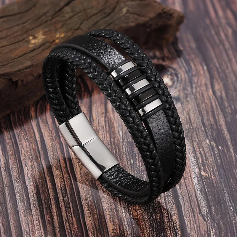 European And American Popular Stainless Steel Leather Bracelet Men's Multilayer Woven | Украшения и аксессуары
