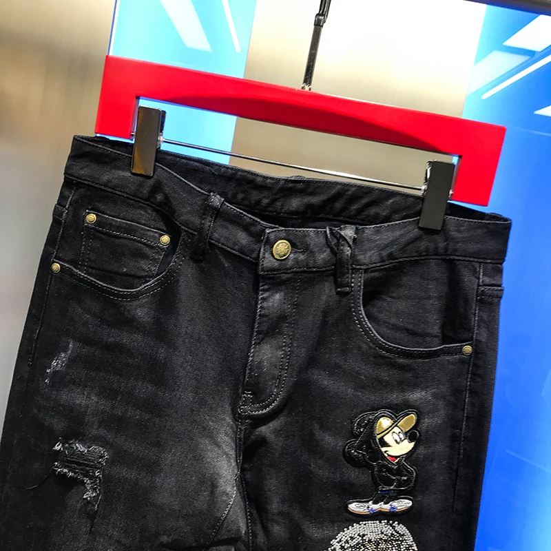 

2020 autumn men's new elastic slim fit hot drill Mouse Hat Black personalized Leggings youth pants fashion brand jeans men