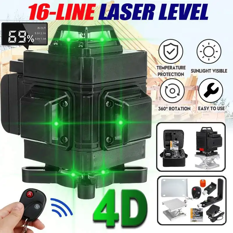 

Лазерный уровень 4D, 16 линий, самонивелирующийся на 360 градусов, горизонтальный и вертикальный крест, супермощный зеленый лазерный луч, инстр...