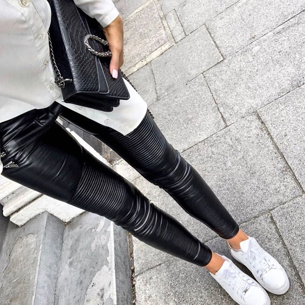 Melody Black Leatherette Trousers Women's Casual Ankle Pants Woman Elastic Faux Patent Leather Leggings Dropshipping
