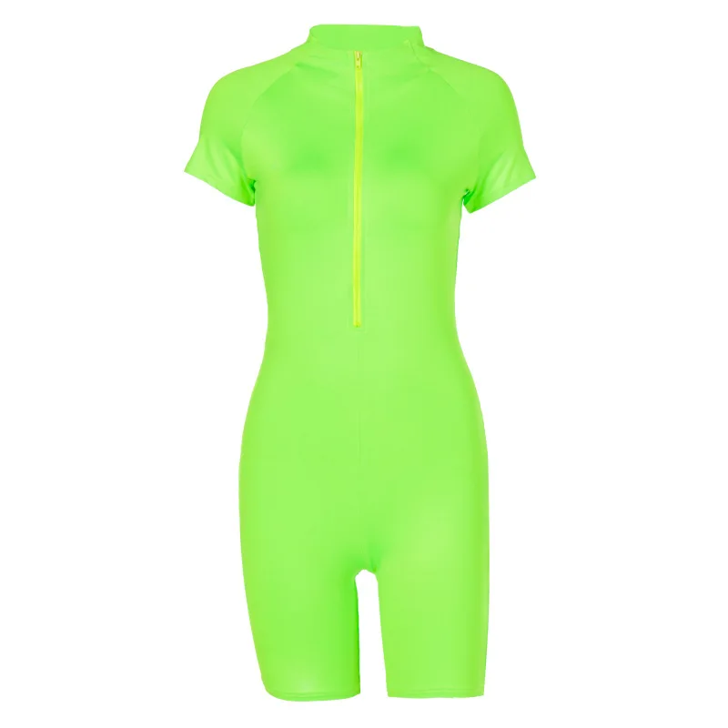 

Shestyle 2020 Autumn Sportwear Women Zipper Bodycon Sexy Neon Solid Shinning Push Up Slim Summer Jumpsuits Rompers Playsuits