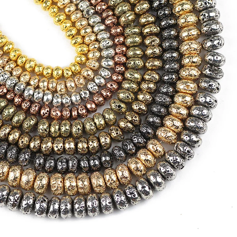 

Black white Gold Color Lava Hematite Natural volcanic Stone Flat Round Loose beads for Jewelry bracelets Making DIY 6/8/10MM