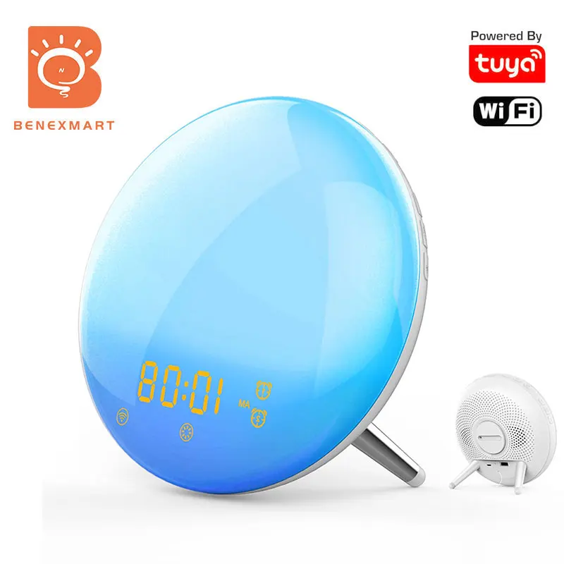 Benexmart Tuya Wi Fi Smart будильника Wake Up светильник будильник с 7 Цвета Sunrise Sunset Повтор