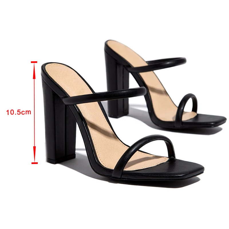 

Women Slippers Square Toe High Heel Plus Size PU Solid Female Narrow Band Fashion Concise Party Outside Ladies Summer Footwear