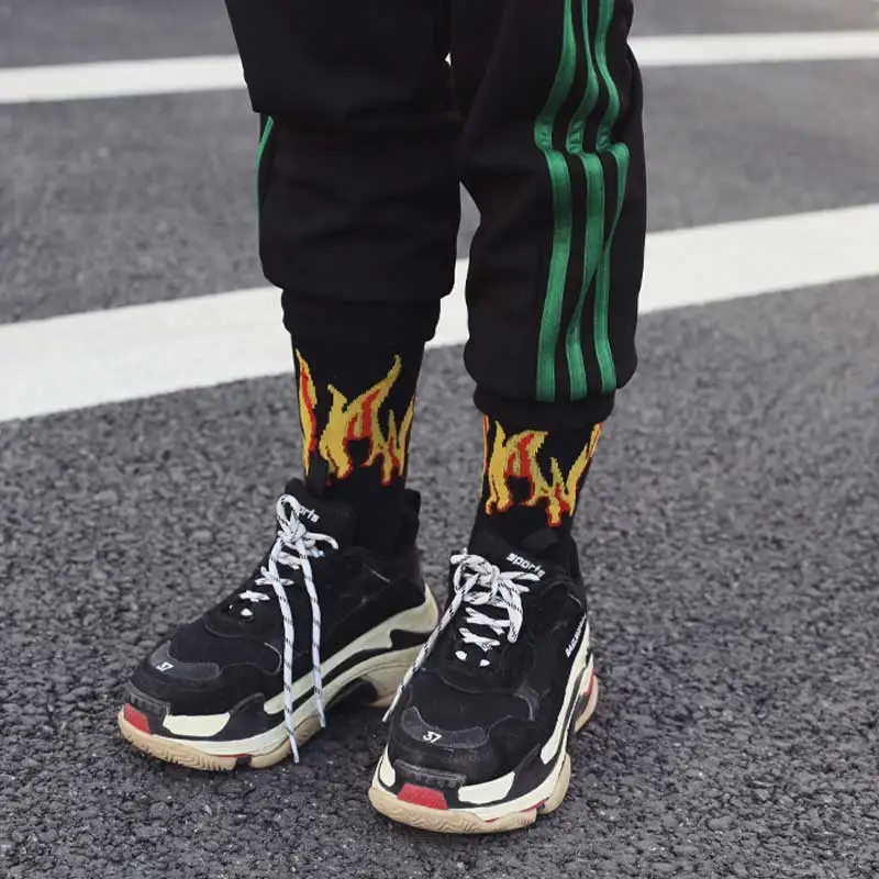 

Fashion Hip Hop Hit Color On Fire Crew Socks Street Korean Style Cartoon Hot Warmth Skateboard Cotton Unisex Happy Long Socks