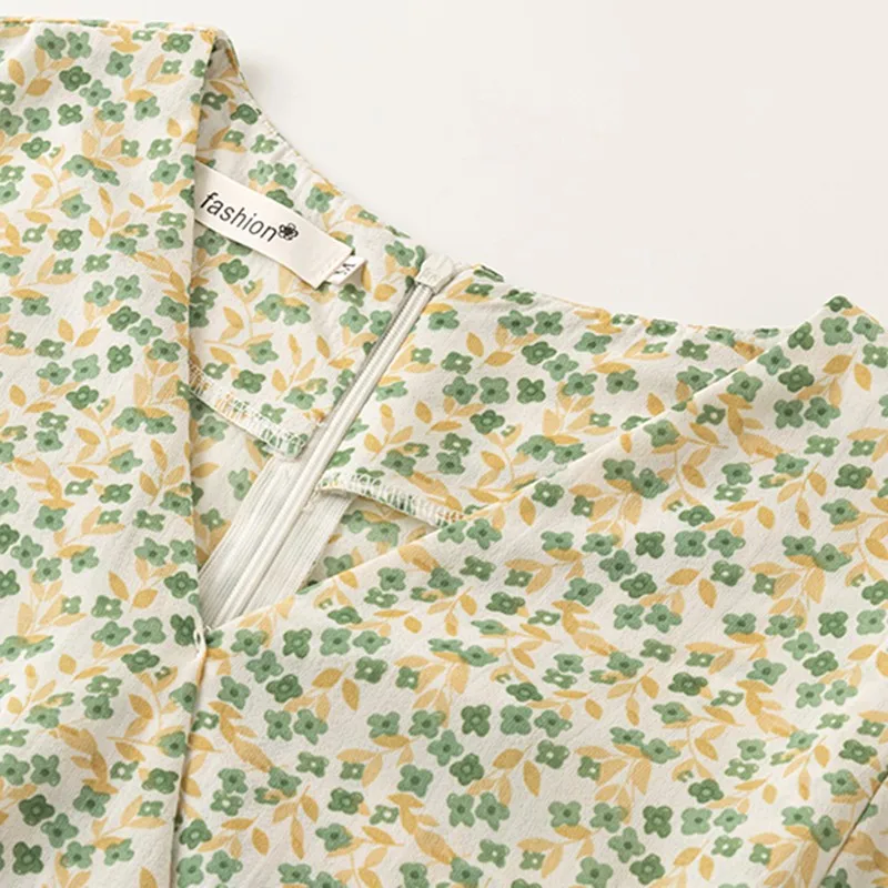 

Ladies Elegant A-line Dress New Arrival 2021 Summer Korean Style V-neck Print Women Knee-length Casual Chiffon Dresses W458