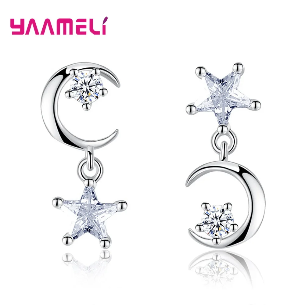 Женские серьги с Луной/звездой асимметричные из серебра 925 пробы прозрачным