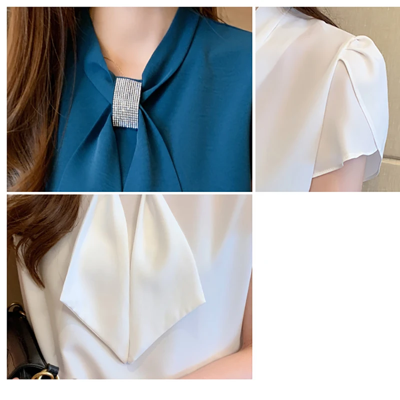 

LJSXLS Summer Bow Stand Collar Women's Blouse Solid Elegant Tops Female Chiffon Short Sleeve Blouses Red Women's Clothing 2021