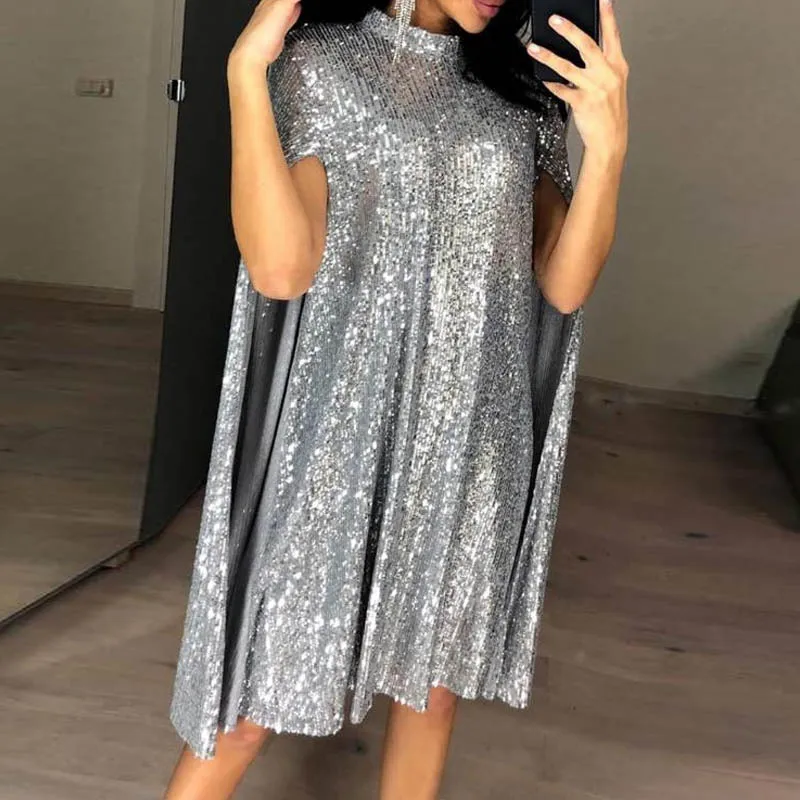 

2019 European and American New Women's Cross-Border Hot Selling Small Stand Collar Sequins Dress Loose