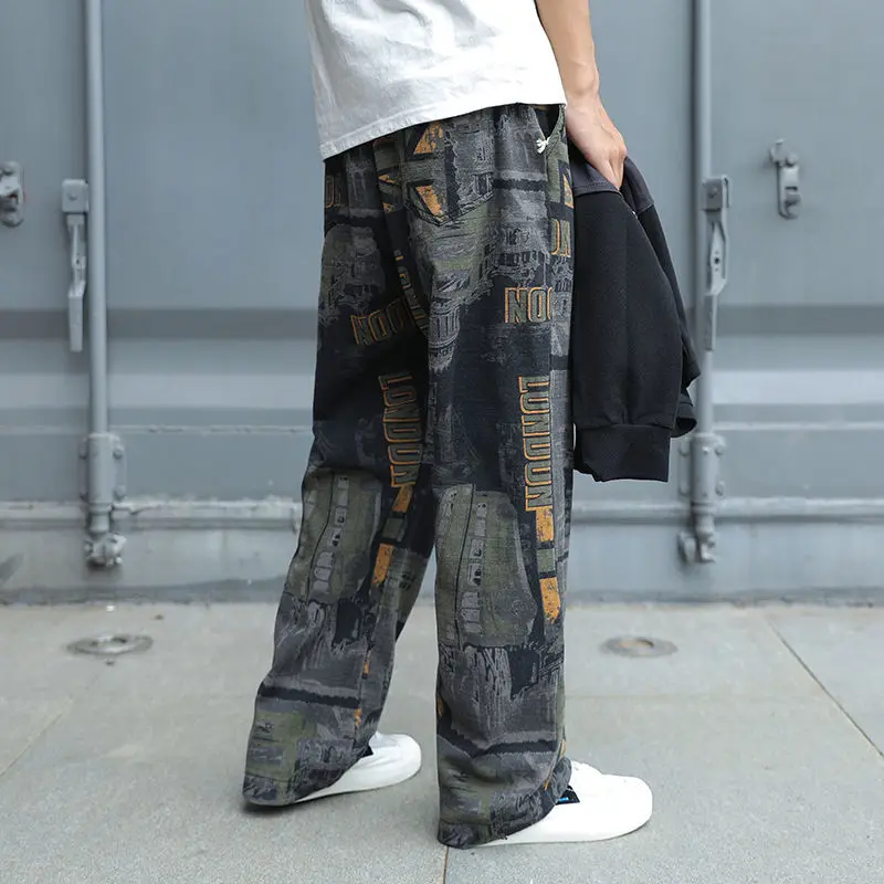 

Japanese Cotton Wide Leg Pants Men's Loose Straight Knit Trousers Casual Printed Pants Male Harajuku Fashion Street Wear Pants
