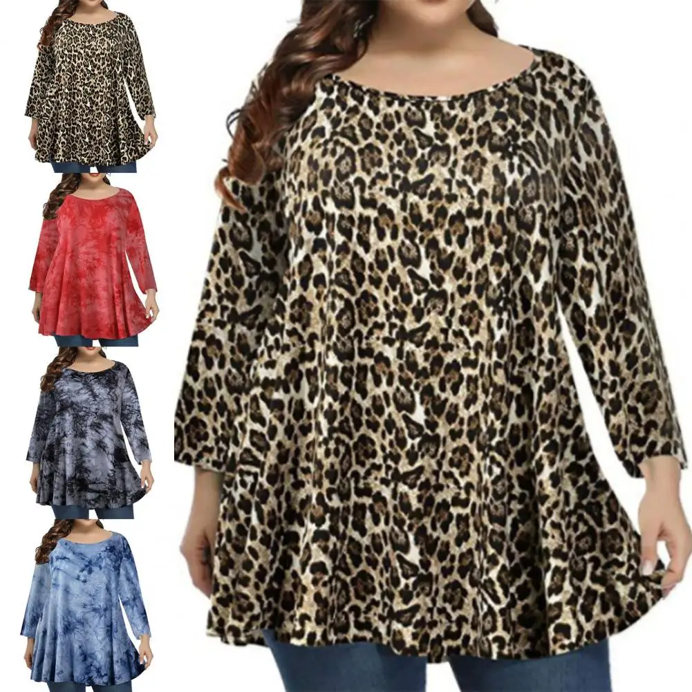 

Loose Casual Leopard T-Shirt for Women Plus Size Long Sleeve O-Neck Top Tee 2021 Autumn New Streetwear Ruffles Pullover Tunic