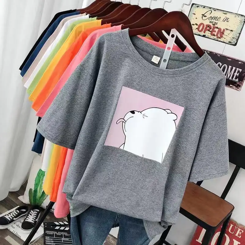 

Модная женская обувь с рисунками из мультфильмов, летние футболки с милым медведем печатных негабаритных 100% хлопок эстетику повседневные с...