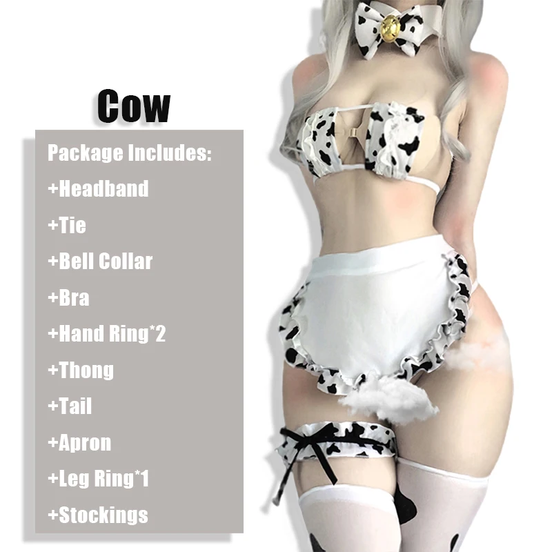 

Women Cos Cow Cosplay Costume Maid Outfits Anime Girls Anime Clothing Lolita Bra and Panty Set Stockings Costumes