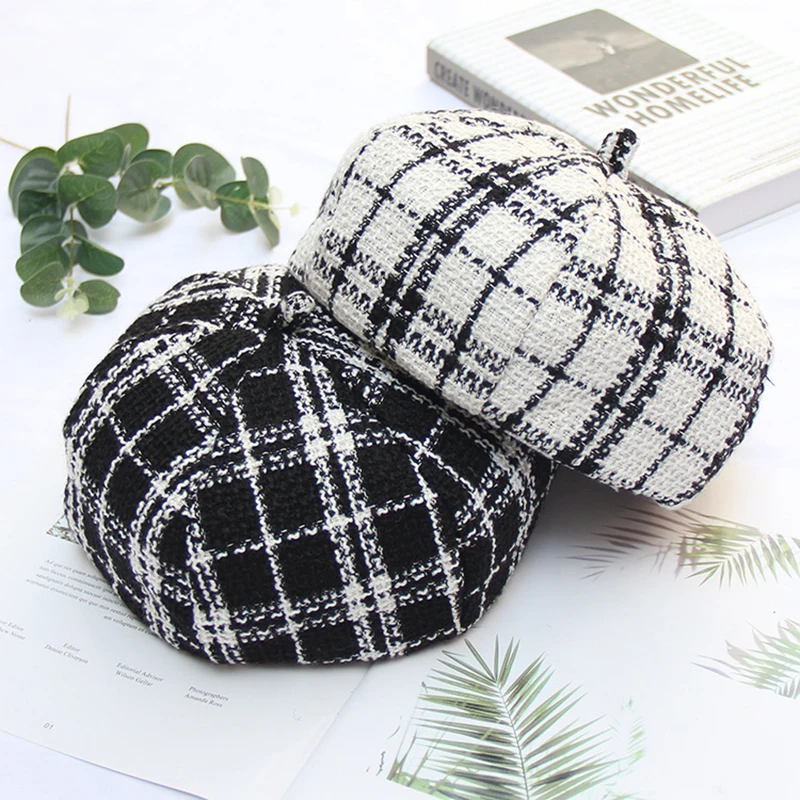 Новинка Осень-зима Casquette черно-белые клетчатые береты Дамская британская