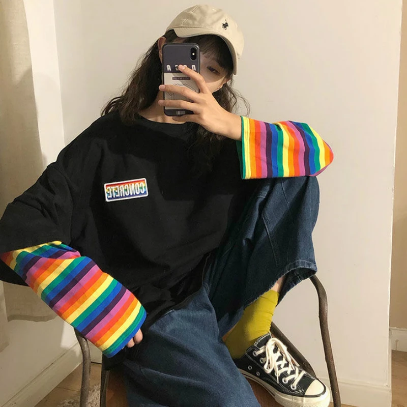 

Fake Two Pieces T-shirts Women Harajuku Rainbow Patchwork Oversize Fashionable Soft Spring Tops New-arrival Long Sleeve Females