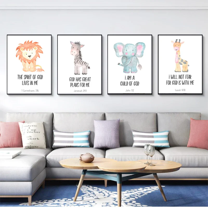 Животные Слон постер с жирафом мультфильм стены искусства детей питомник Печать