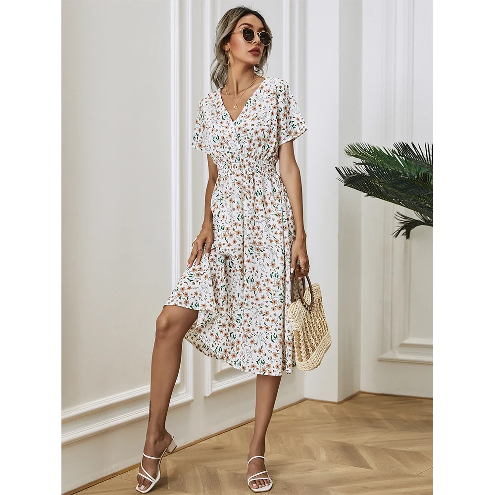 

summer dress 2021 V neck short sleeve flower dresses for women casual elegant women bodycon dress 2021 spring flower print