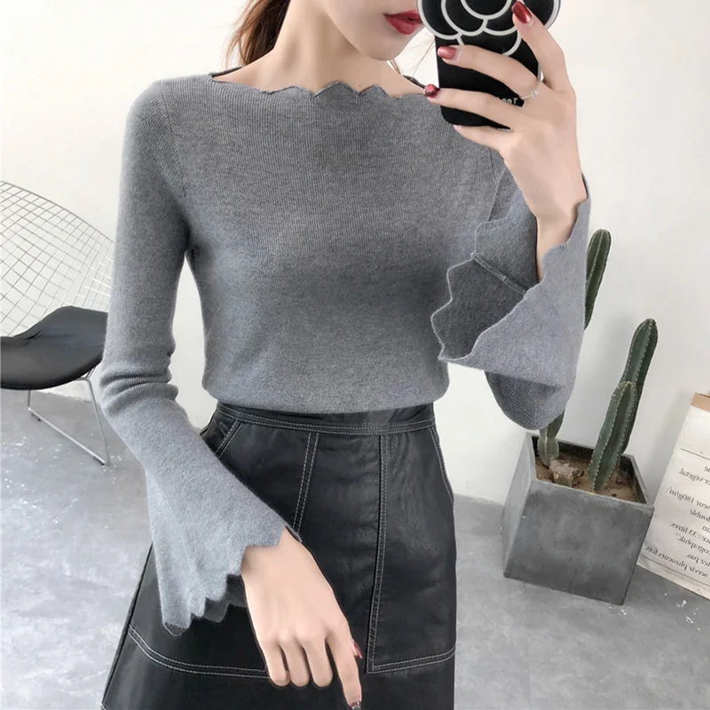 

Новинка Осенняя Женская одежда в Корейском стиле топ с открытыми плечами свитер с длинным рукавом облегающий пуловер укороченный свитер