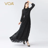 voa silk black georgette stand collar lantern sleeve high quality luxury vestido feminino dress ae817 maxi dresses for women