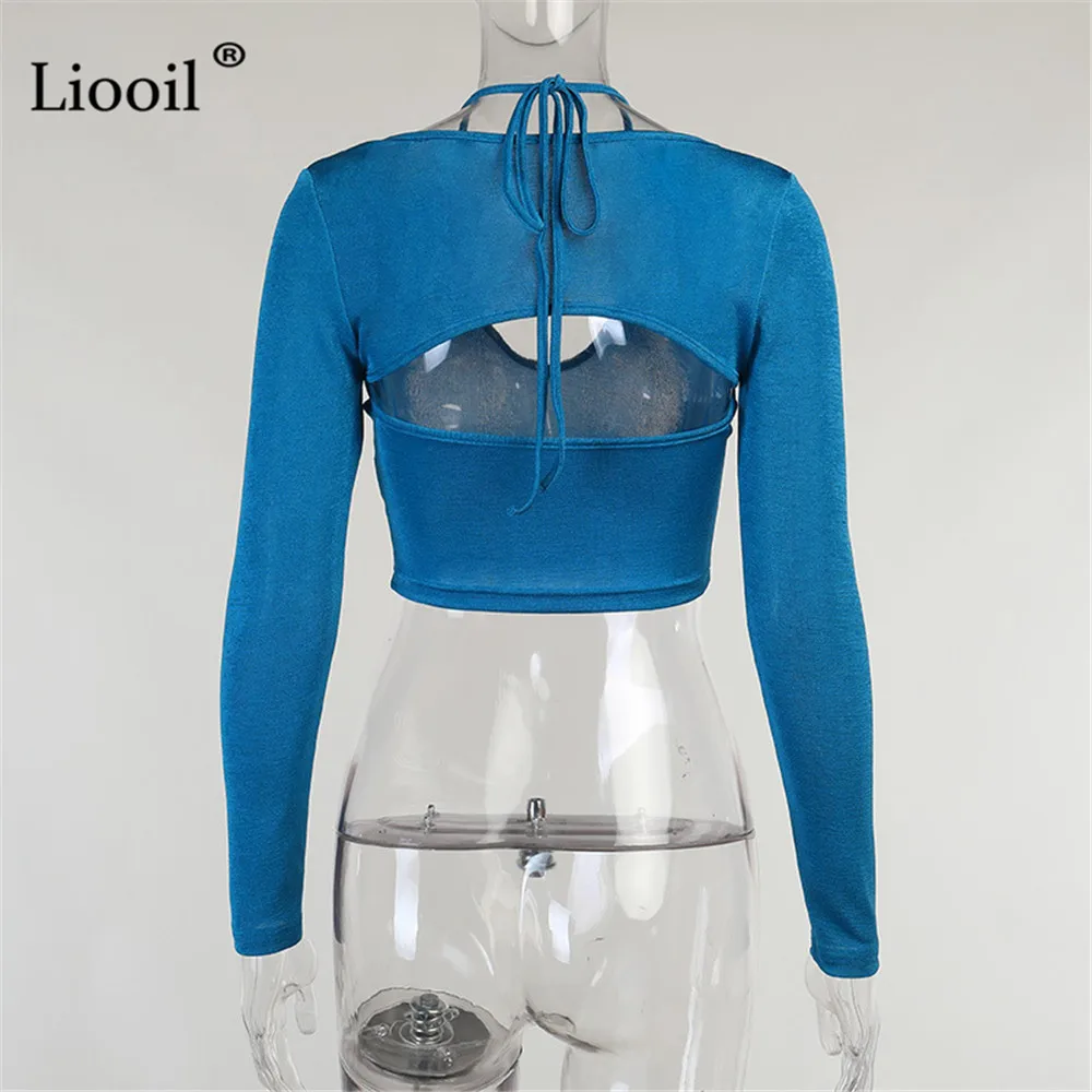 

Liooil Blue Black 2 Piece Set Halter Camis Tops Women Summer Streetwear Long Sleeve V Neck Hollow Out Sexy Bodycon Short Tops
