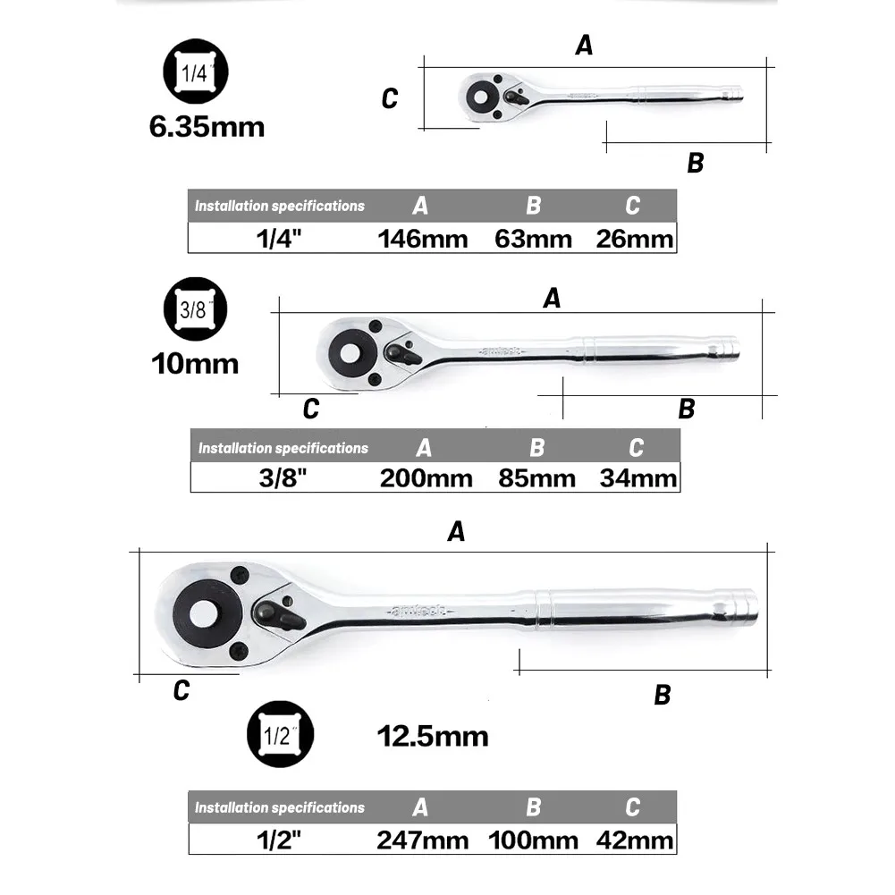 

1/4\\\\\\\" 3/8\\\\\\\" 1/2\\\\\\\" Drive Ratchet Socket Wrench Handle 24 Tooth Quick-Release Spanner Chrome Vanadium Steel