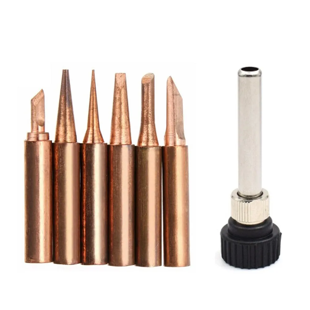 

7pcs Copper 900M-T Soldering Iron Tip & Handle Adapter Set For 936, 937, 938, 969, 8586, 852D Hakko Soldering Station