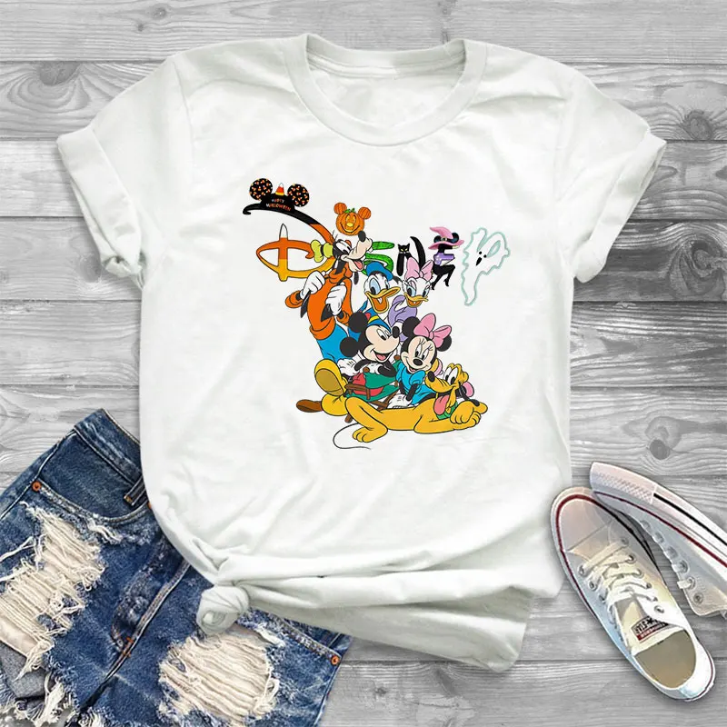 

New Cartoon Disney Tshirt Women Mickey and His Friends Print Tee Shirt Top Fashion Loose Oversized White T-Shirts Female Clothes