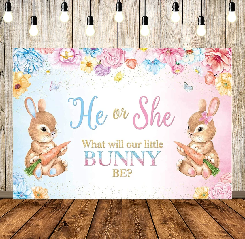 

Bunny Gender Reveal Backdrop Easter Baby Shower Party Banner Boy or Girl Spring Flowers Kids 1st Birthday Cake Table Decoration