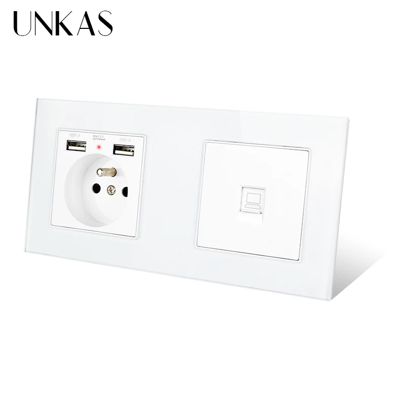 Настенная розетка UNKAS серая стеклянная панель французская стандартная с 2