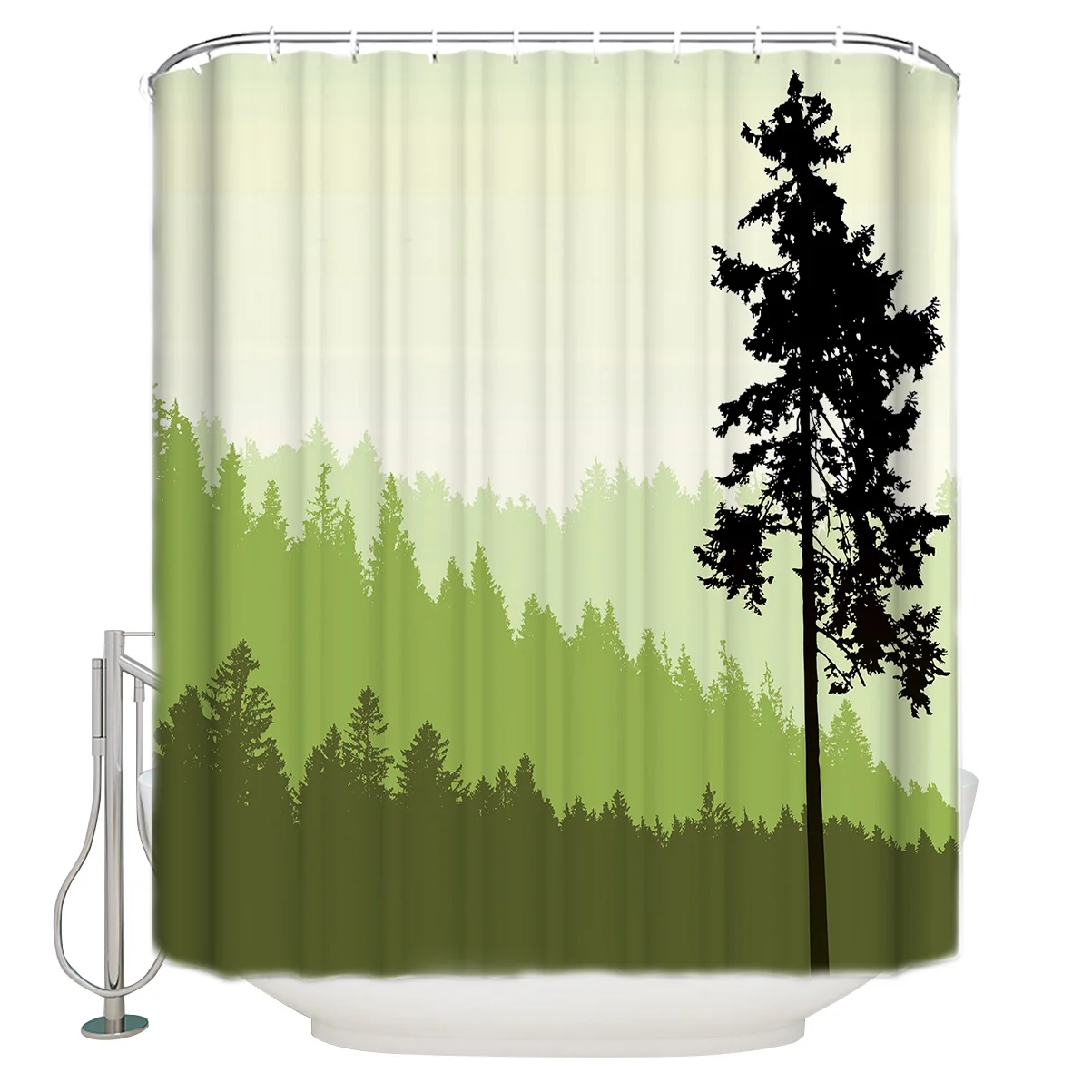 Шторка для душа с изображением горного пейзажа силуэта сосны водонепроницаемая