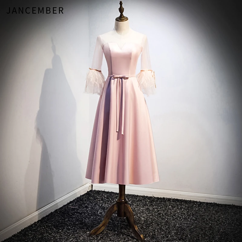 WLN18442 janceber коктейльные платья с коротким рукавом на шнуровке сзади пояс перьями