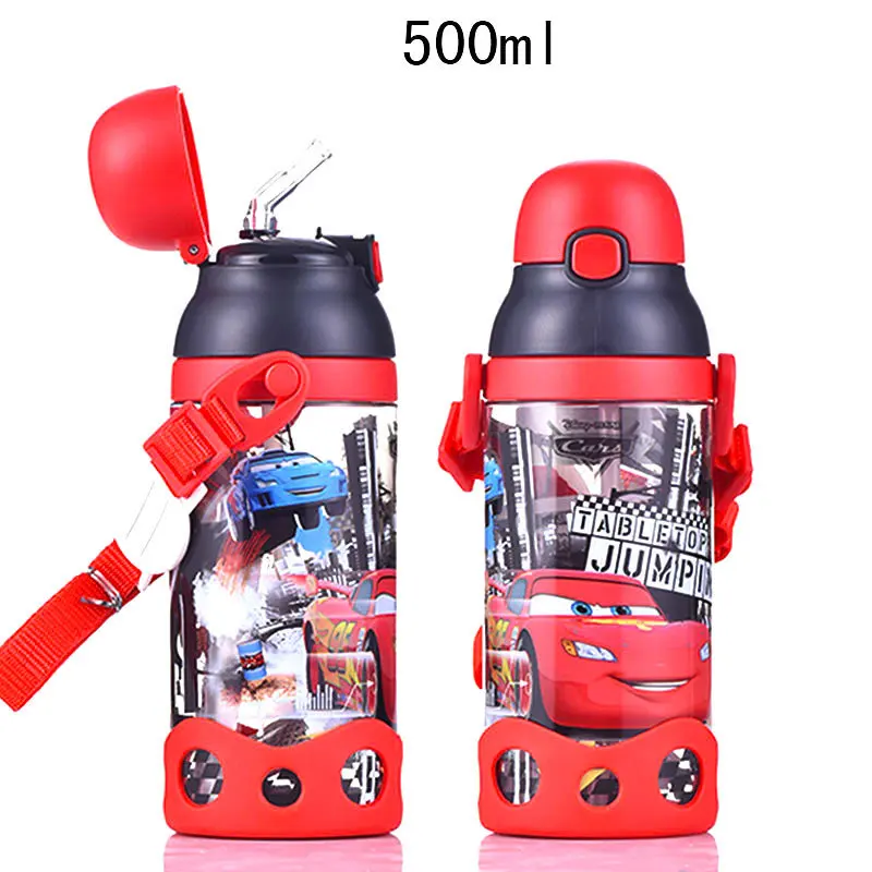 Red Car-500ml Дисней 500 мл 600 мл прямая Питьевая принцесса Винни автомобили пластмассы Тур бутылка для воды дети с веревкой - Цвет: Red Car-500ml