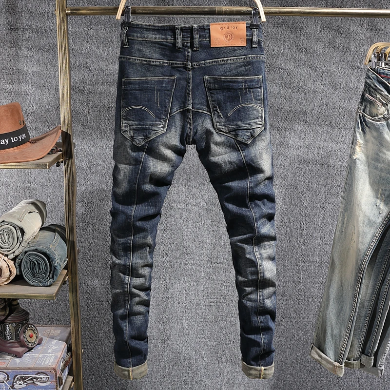 European Street Fashion Men Jeans Retro Distressed Washed Slim Fit Ripped Jeans Men Spliced Designer Hip Hop Denim Punk Pants