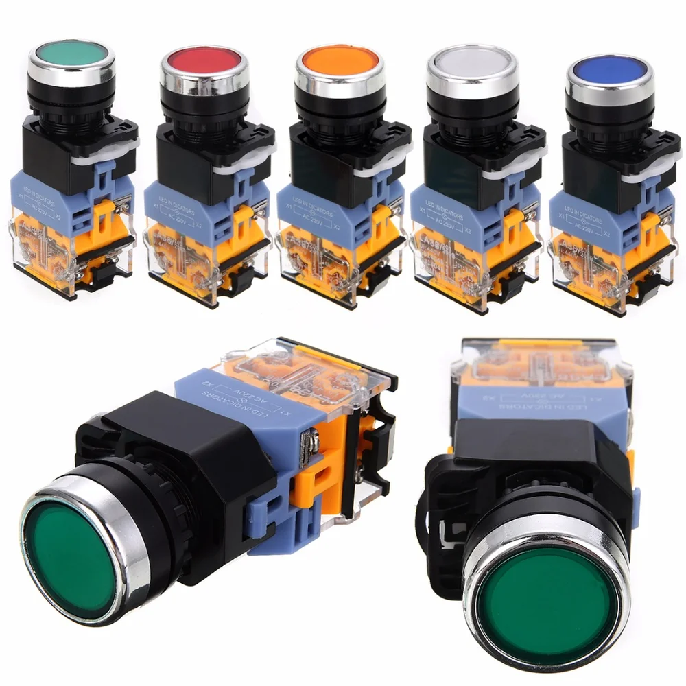 Светодиодный моментальный кнопочный переключатель NO + NC START STOP DPST 220 В переменного