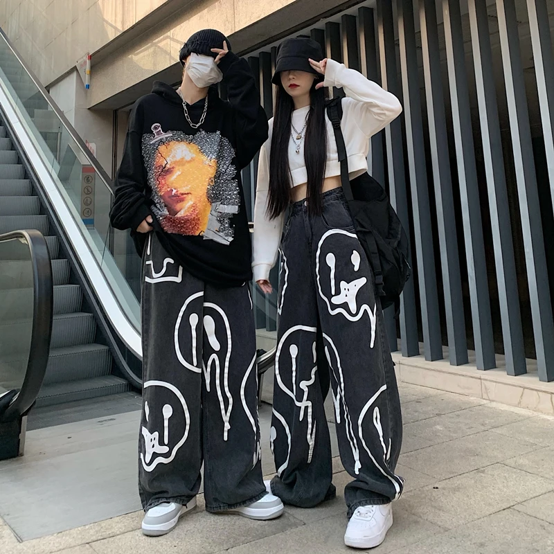 

Harajuku Korean Retro denim Jeans Dark Print Graffiti Men and Women Casual Loose Lazy Drape Wide-leg Pants High Street Pants