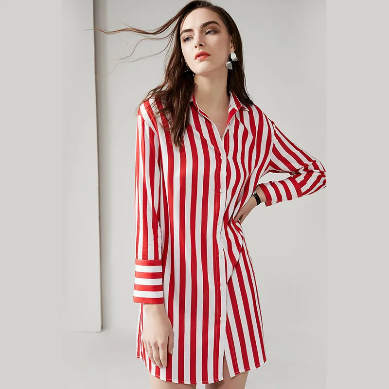 Женское платье рубашка в полоску красное с отложным воротником вечерние платья