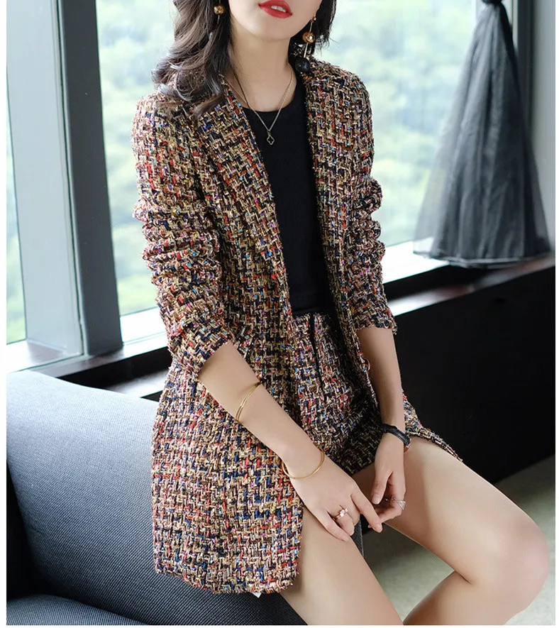 

New spring European and American super fashion long-sleeved grid suit+grid shorts section OL suit set for women