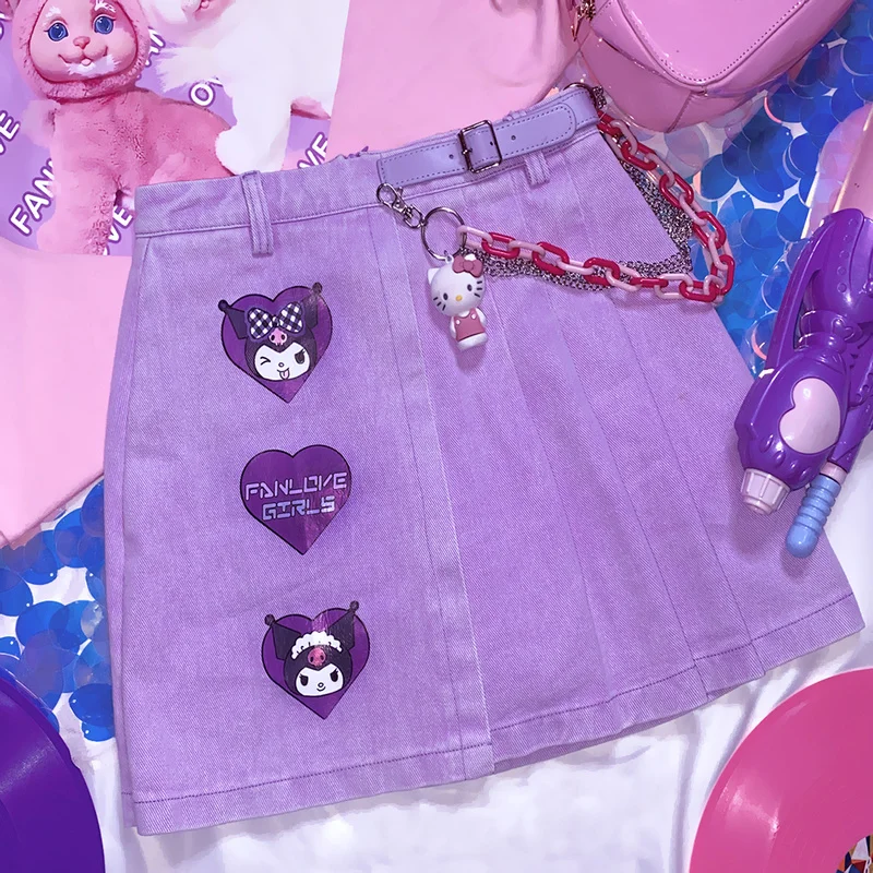 

Harajpoo Women Skirts 2021 Harajuku Style Soil Cool Love Cartoon Buckle Purple Print High Waist A Line Pleated Denim Sexy Skirt