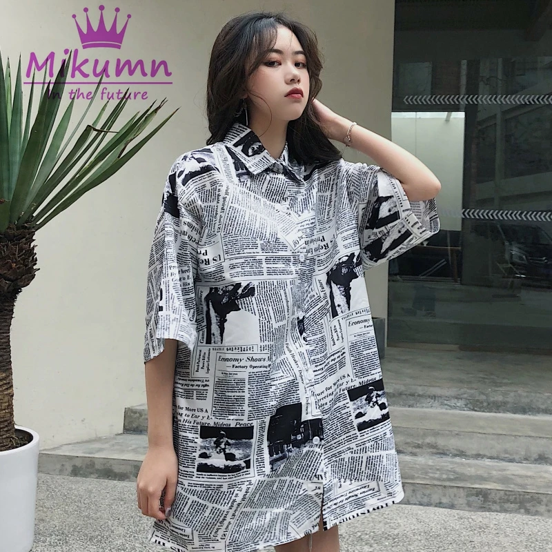Женская винтажная блузка с принтом Harajuku свободная Повседневная рубашка коротким